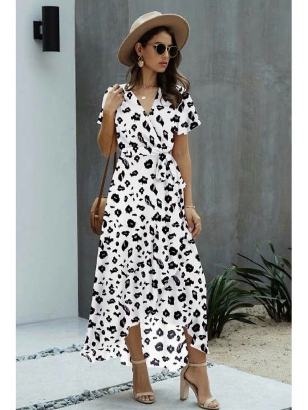 White & Black Animal Print Wrap HiLo Dress